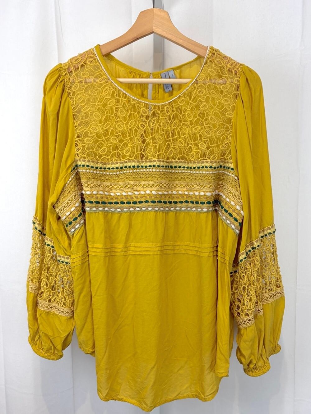 BLANK Bl^nk London Anthropologie Sunshine Peasant Blouse Lace Top Yellow 2X Plus
